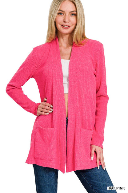 `Heather Ribbed Sweater Open Front Two Pockets Cardi Zenana