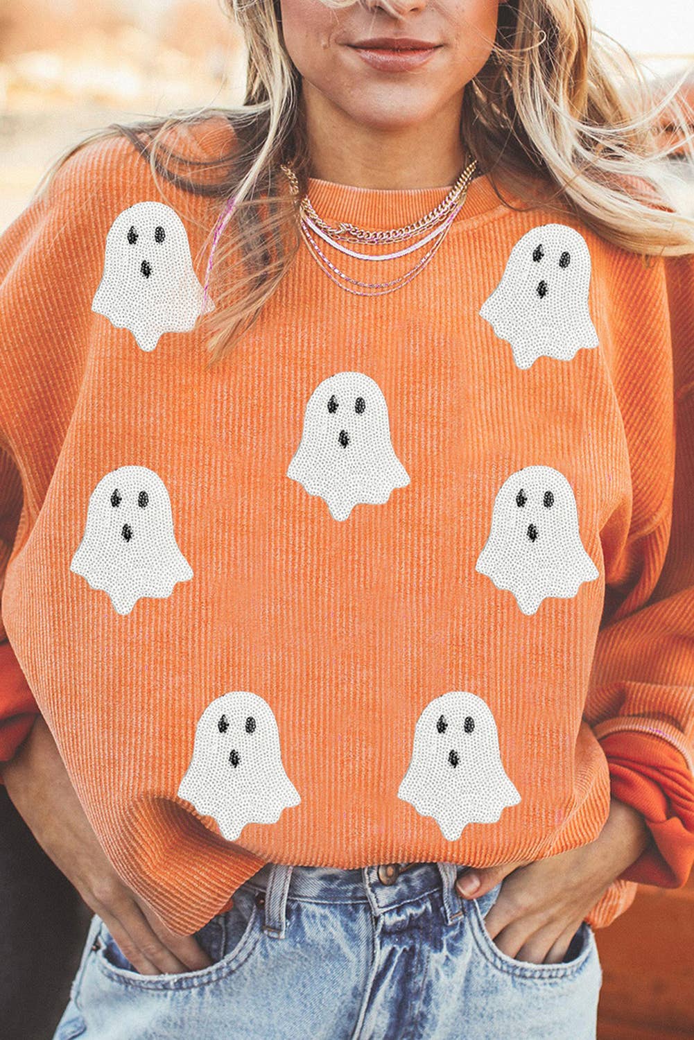 LDC Ribbed Texture Halloween Ghost Sequin Patched Sweatshirt