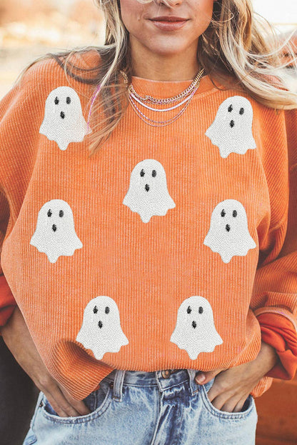 LDC Ribbed Texture Halloween Ghost Sequin Patched Sweatshirt