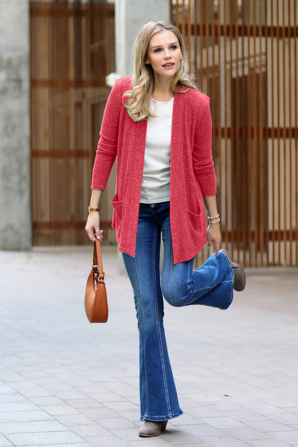 `Heather Ribbed Sweater Open Front Two Pockets Cardi Zenana