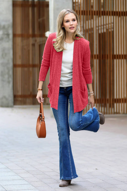 `Heather Ribbed Sweater Open Front Two Pockets Cardi Zenana