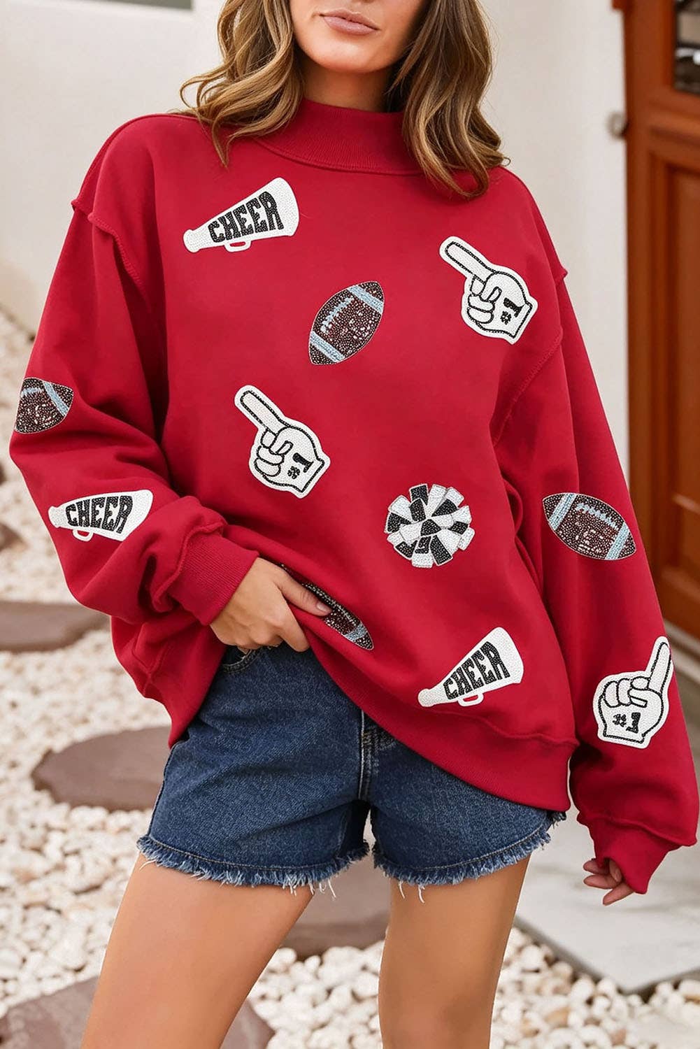 LDC Exposed Seam Mock Neck Sequin Game Day Sweatshirt