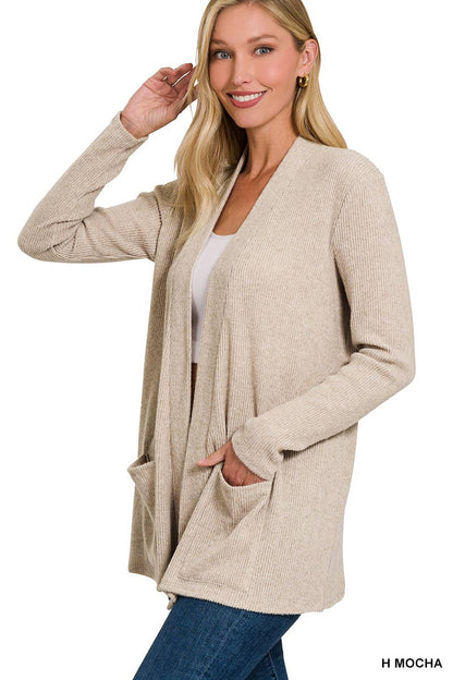 `Heather Ribbed Sweater Open Front Two Pockets Cardi Zenana