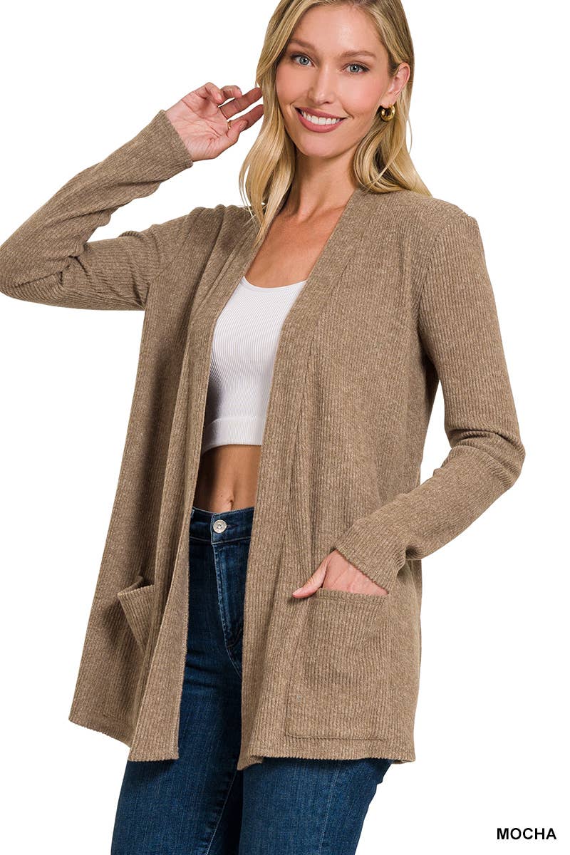 `Heather Ribbed Sweater Open Front Two Pockets Cardi Zenana