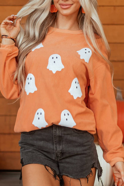 LDC Ribbed Texture Halloween Ghost Sequin Patched Sweatshirt
