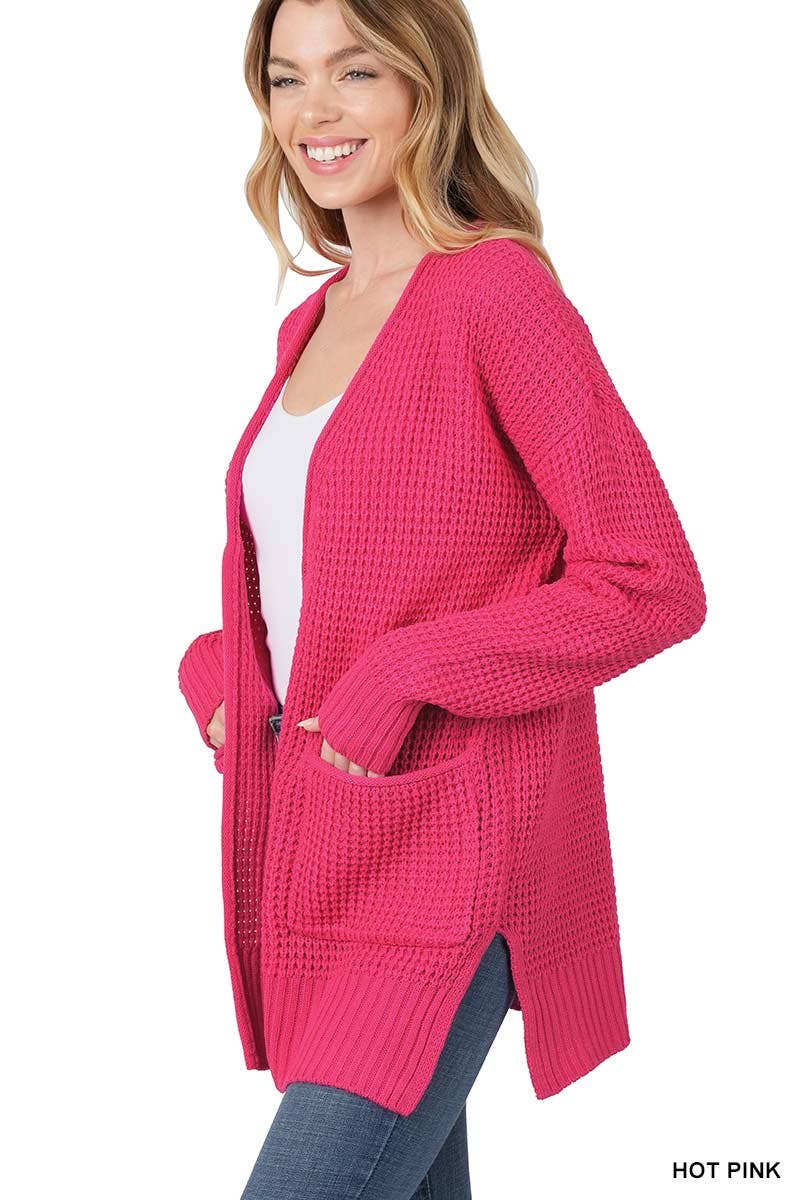 `Low Gauge Waffle Open Sweater Cardigan Zenana