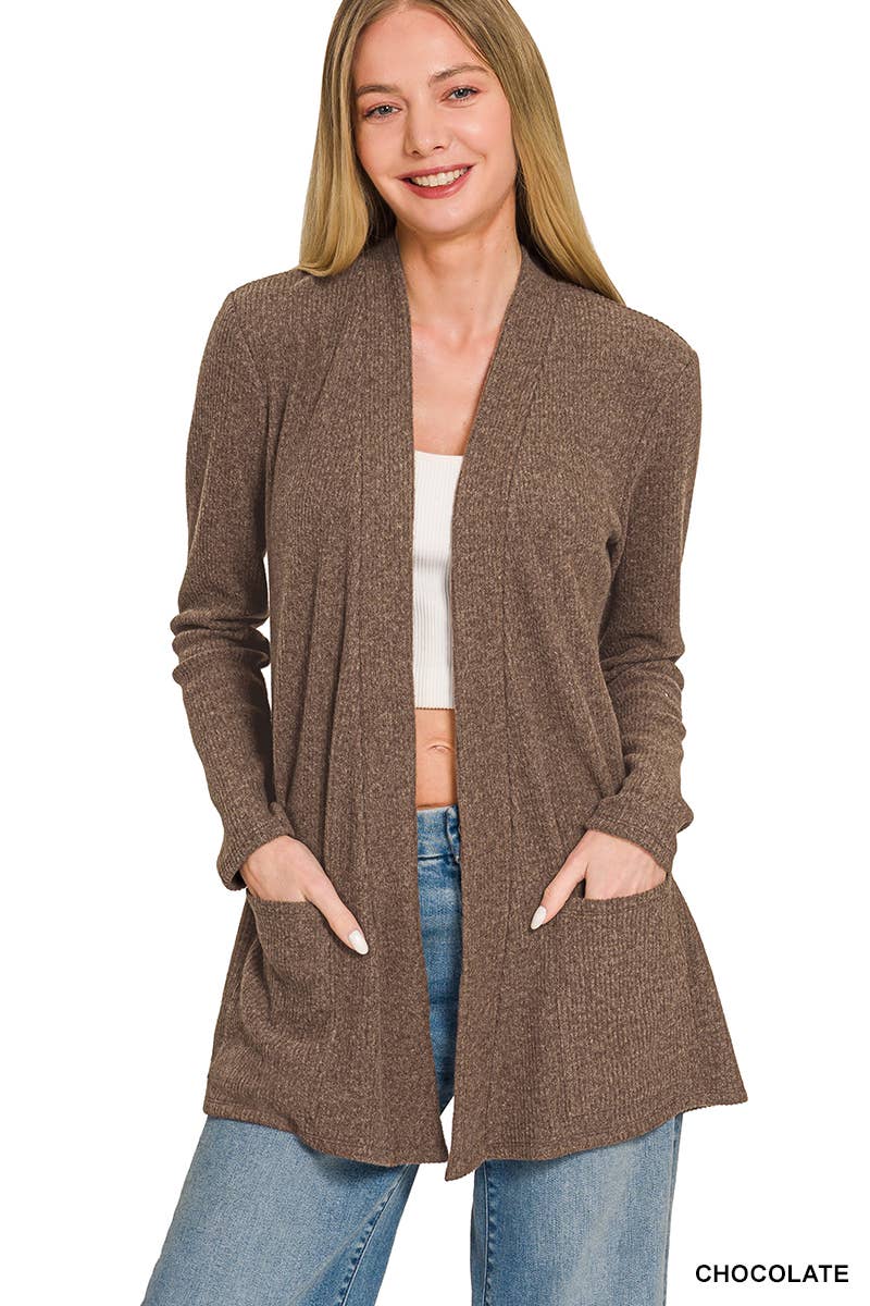 `Heather Ribbed Sweater Open Front Two Pockets Cardi Zenana