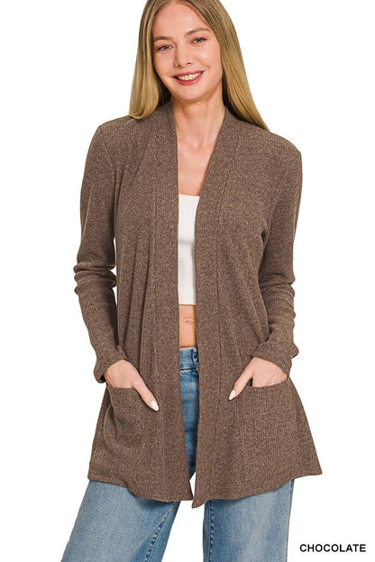 `Heather Ribbed Sweater Open Front Two Pockets Cardi Zenana