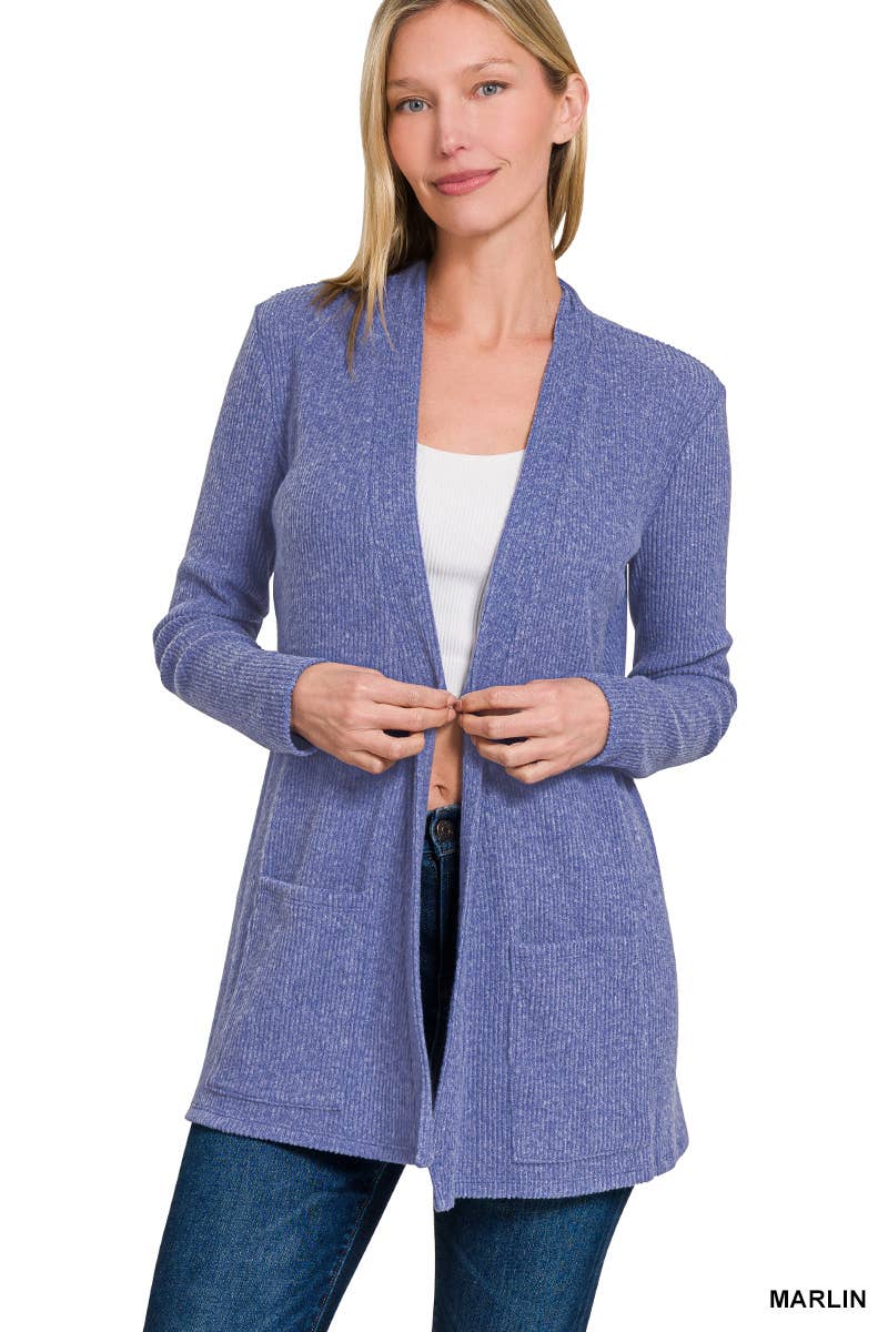 `Heather Ribbed Sweater Open Front Two Pockets Cardi Zenana