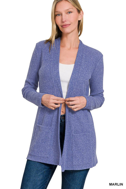 `Heather Ribbed Sweater Open Front Two Pockets Cardi Zenana