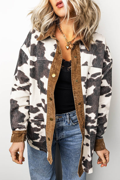LDC Western Cow Print Long Sleeve Button-Up Denim Jacket