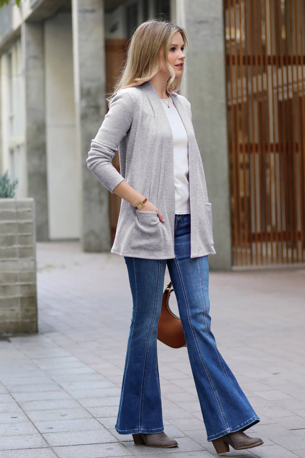 `Heather Ribbed Sweater Open Front Two Pockets Cardi Zenana