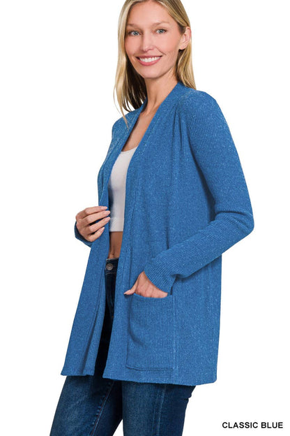 `Heather Ribbed Sweater Open Front Two Pockets Cardi Zenana