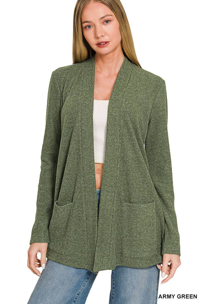 `Heather Ribbed Sweater Open Front Two Pockets Cardi Zenana