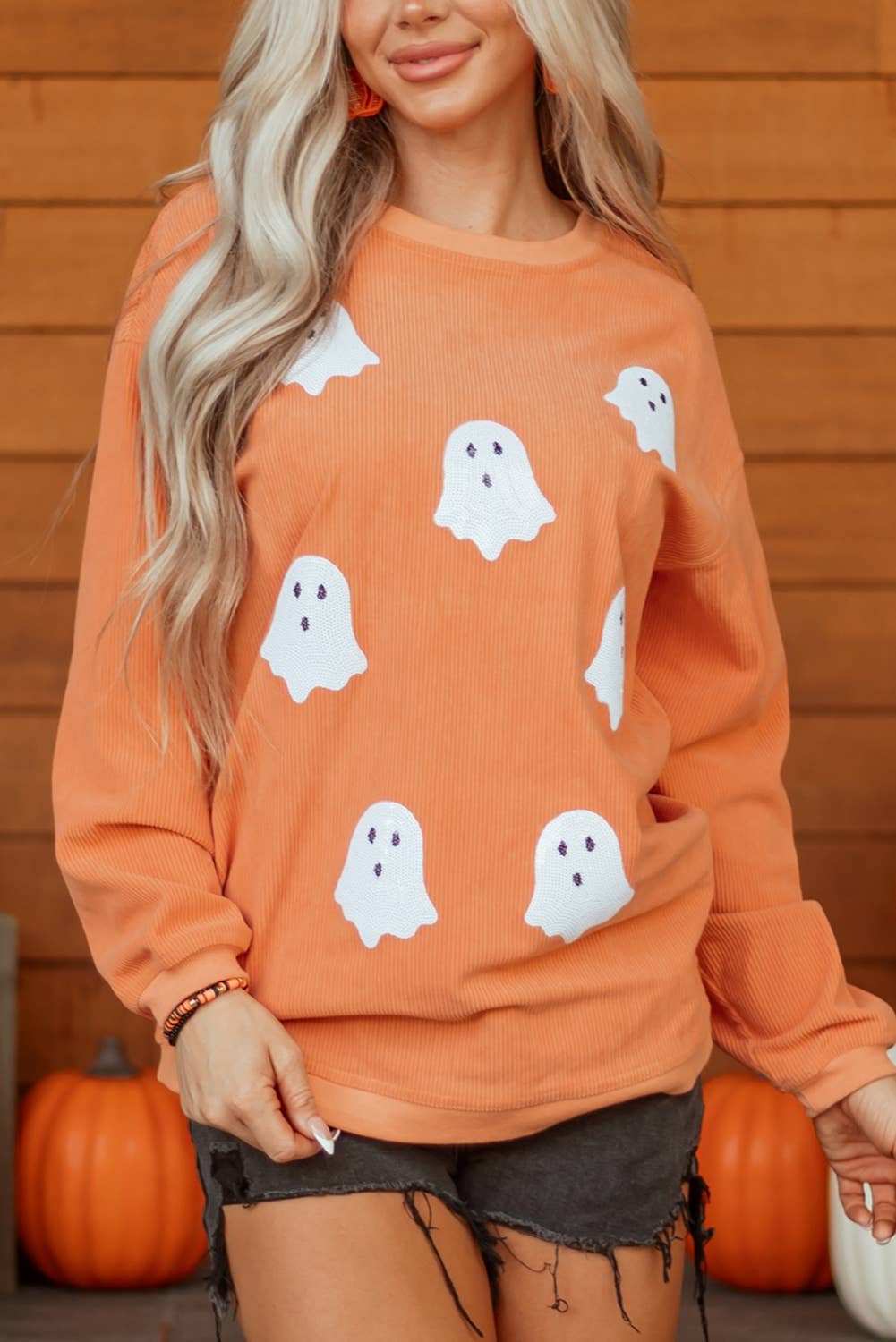 LDC Ribbed Texture Halloween Ghost Sequin Patched Sweatshirt
