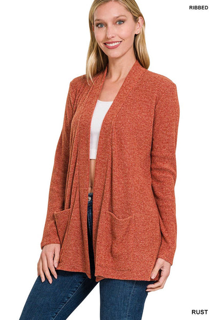 `Heather Ribbed Sweater Open Front Two Pockets Cardi Zenana