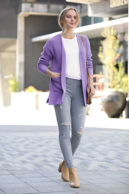 `Low Gauge Waffle Open Sweater Cardigan Zenana