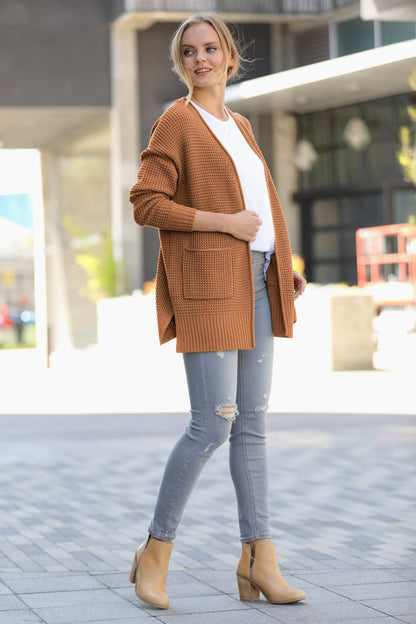 `Low Gauge Waffle Open Sweater Cardigan Zenana