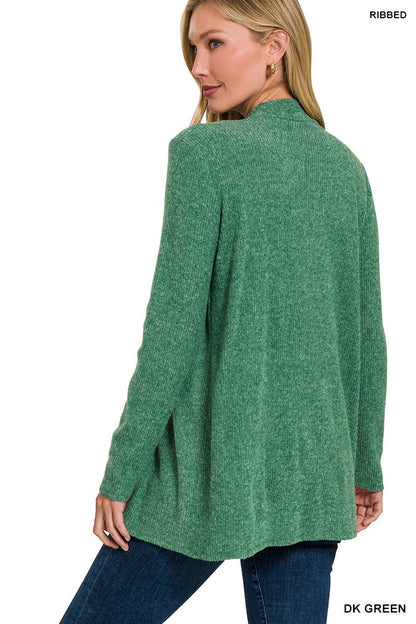 `Heather Ribbed Sweater Open Front Two Pockets Cardi Zenana