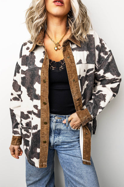 LDC Western Cow Print Long Sleeve Button-Up Denim Jacket