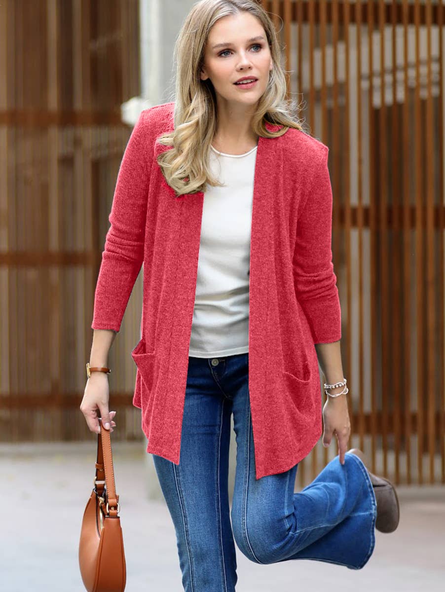 `Heather Ribbed Sweater Open Front Two Pockets Cardi Zenana