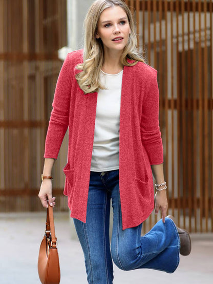 `Heather Ribbed Sweater Open Front Two Pockets Cardi Zenana