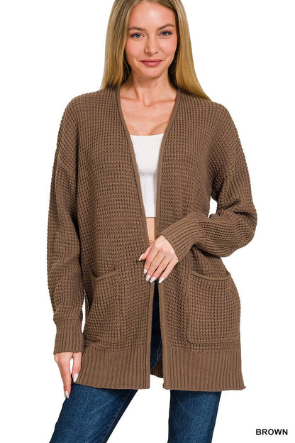 `Low Gauge Waffle Open Sweater Cardigan Zenana