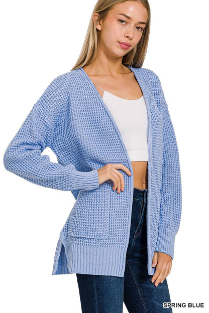 `Low Gauge Waffle Open Sweater Cardigan Zenana