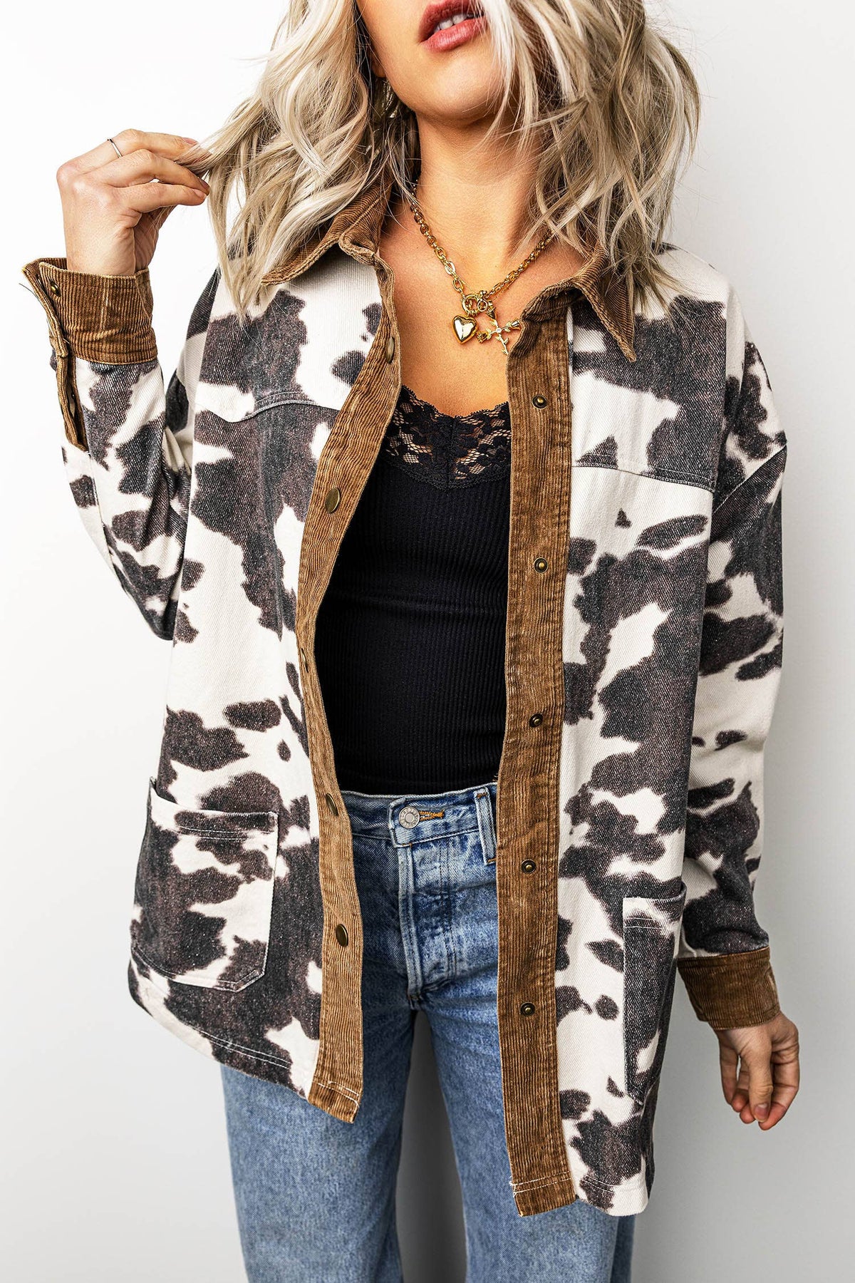LDC Western Cow Print Long Sleeve Button-Up Denim Jacket