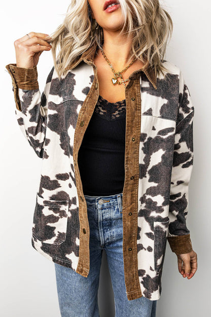 LDC Western Cow Print Long Sleeve Button-Up Denim Jacket