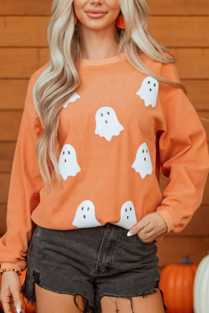 LDC Ribbed Texture Halloween Ghost Sequin Patched Sweatshirt
