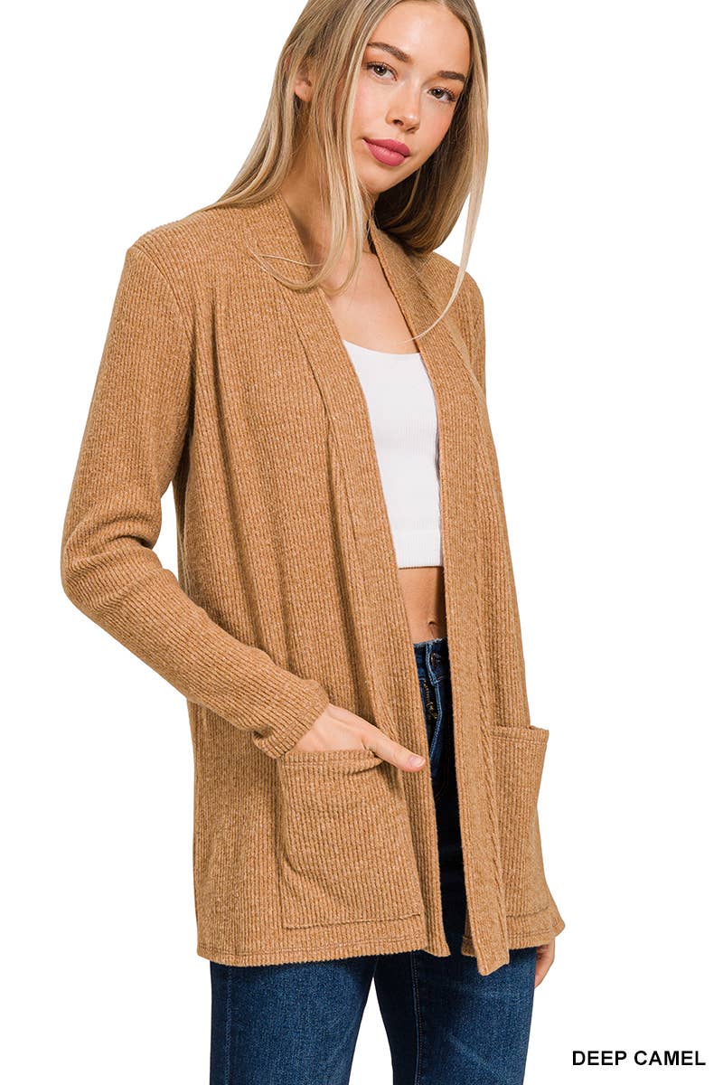 `Heather Ribbed Sweater Open Front Two Pockets Cardi Zenana