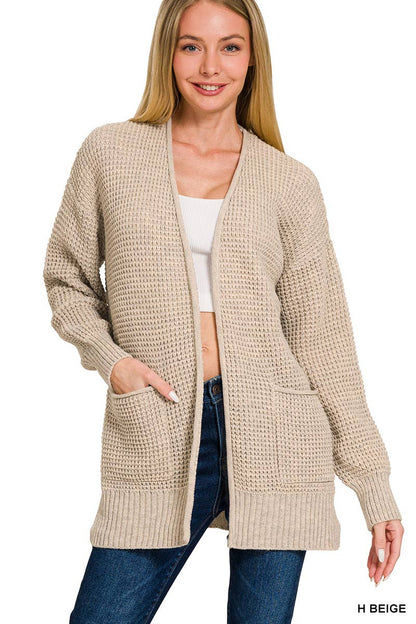 `Low Gauge Waffle Open Sweater Cardigan Zenana