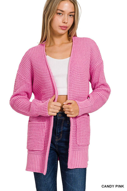 `Low Gauge Waffle Open Sweater Cardigan Zenana