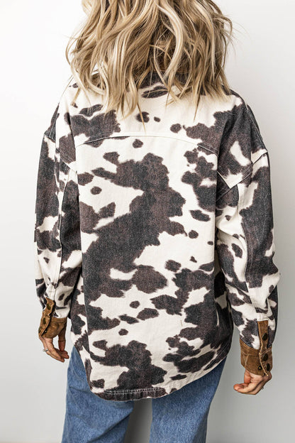 LDC Western Cow Print Long Sleeve Button-Up Denim Jacket