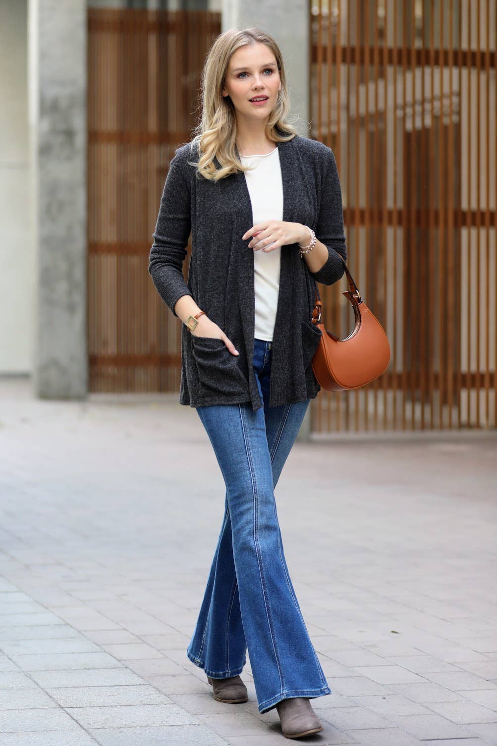 `Heather Ribbed Sweater Open Front Two Pockets Cardi Zenana