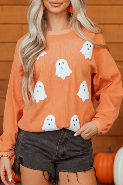 LDC Ribbed Texture Halloween Ghost Sequin Patched Sweatshirt