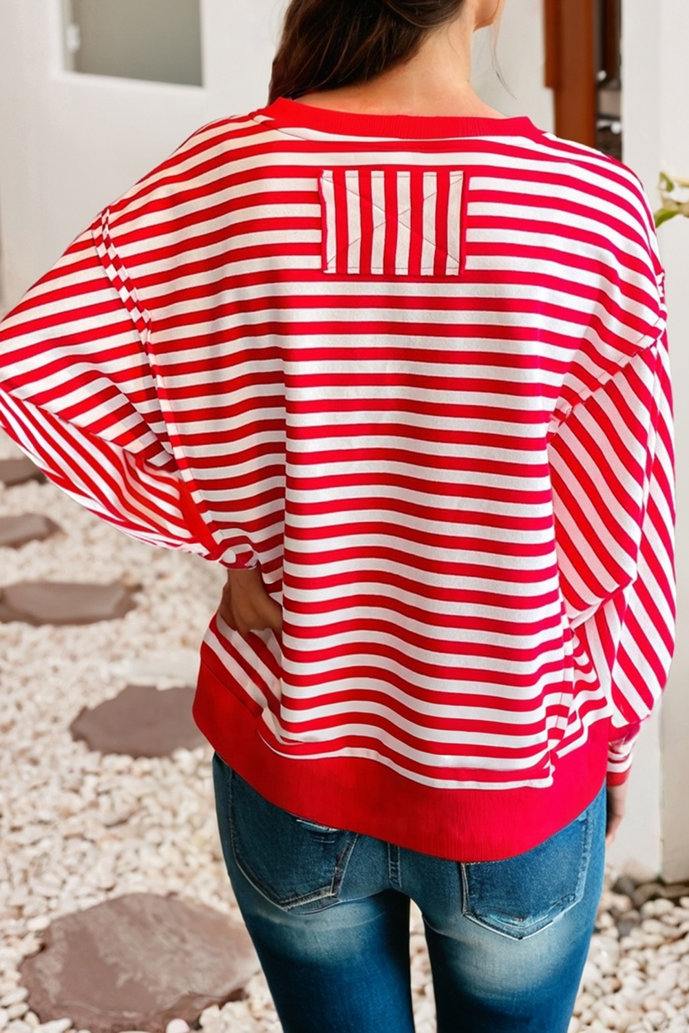 LDC Strpied Exposed Seam Drop Shoulder Long Sleeve Top
