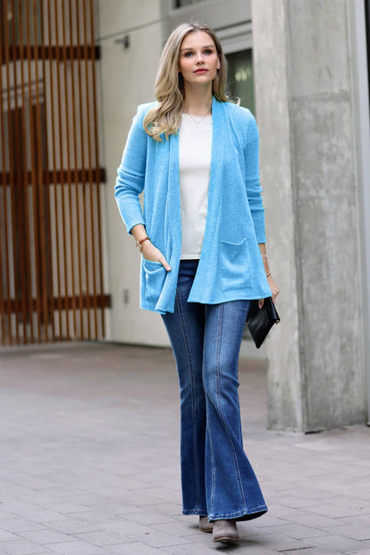 `Heather Ribbed Sweater Open Front Two Pockets Cardi Zenana