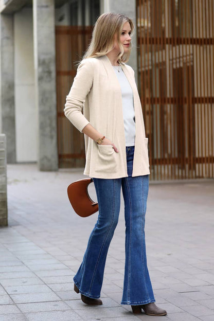 `Heather Ribbed Sweater Open Front Two Pockets Cardi Zenana