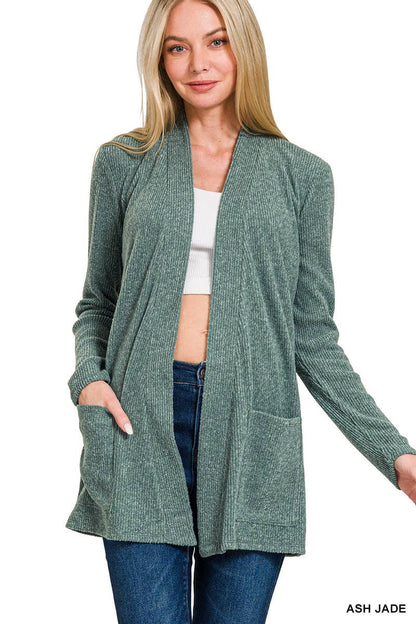 `Heather Ribbed Sweater Open Front Two Pockets Cardi Zenana