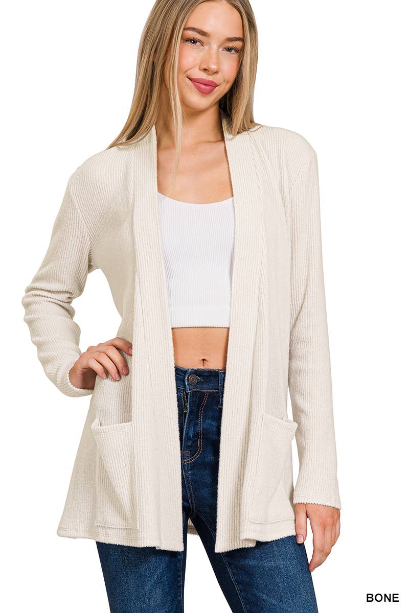 `Heather Ribbed Sweater Open Front Two Pockets Cardi Zenana