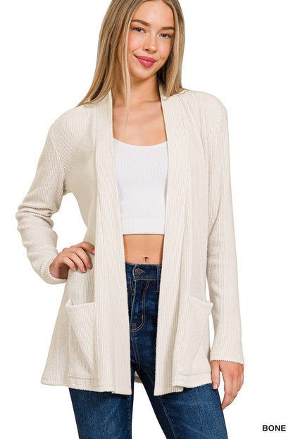 `Heather Ribbed Sweater Open Front Two Pockets Cardi Zenana