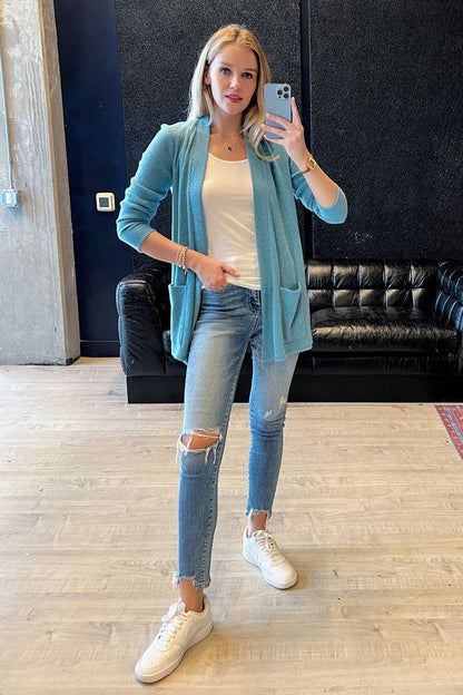 `Heather Ribbed Sweater Open Front Two Pockets Cardi Zenana