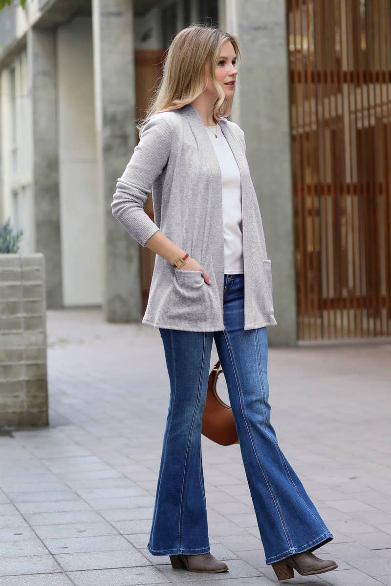 `Heather Ribbed Sweater Open Front Two Pockets Cardi Zenana
