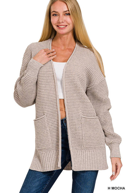 `Low Gauge Waffle Open Sweater Cardigan Zenana