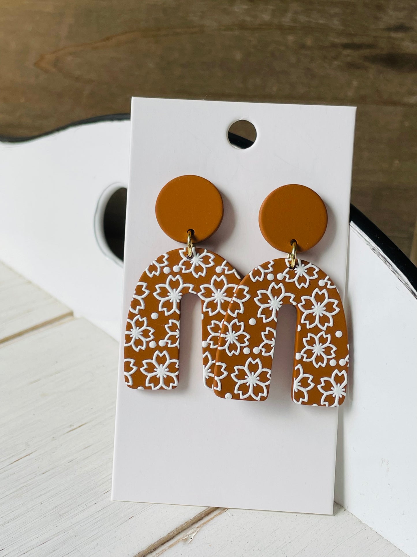 Rust w/ White Floral Stud Dangles